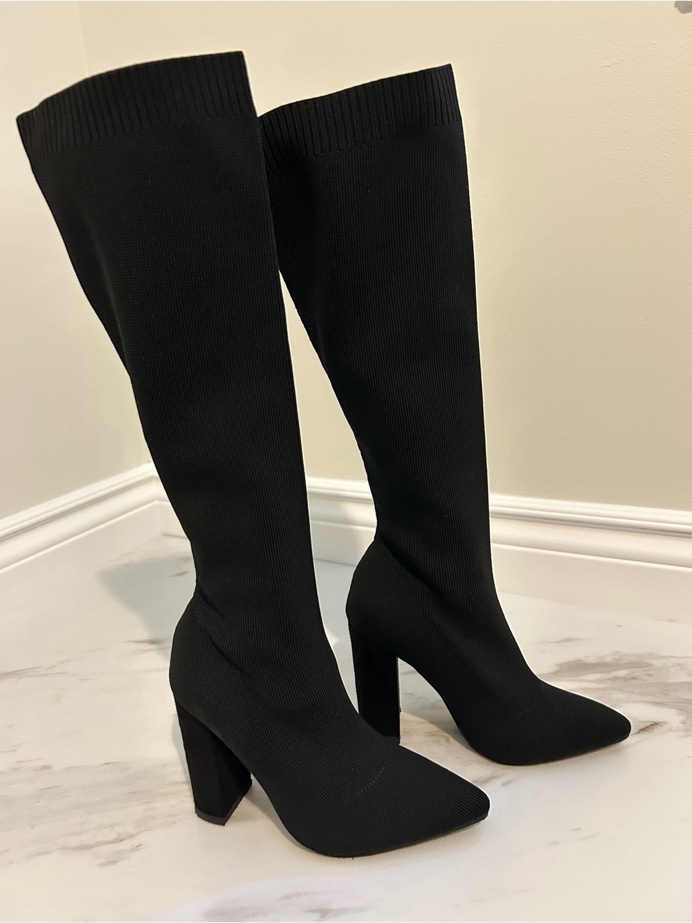 Black Knee-High Stretch Block Heeled Sock Boots, Size 35